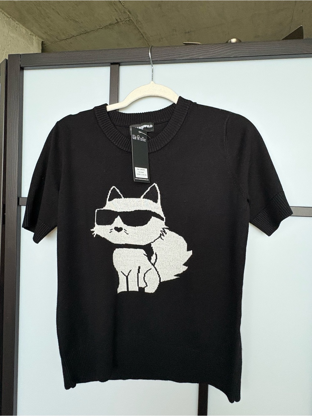 Karl Lagerfeld Paris Cat Sweater NWT Black Short Sleeve Knit Top Choupette